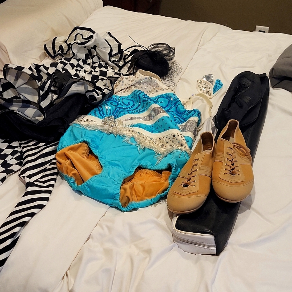 Lot of baton twirling, majorette or dance costumes and shoes for curvy girls